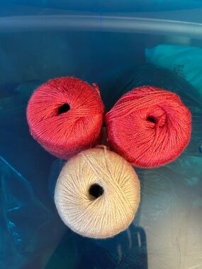 Three Skeins of Patons Silk Bamboo Yarn in Ivory and Coral